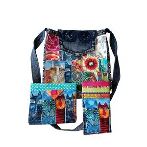 Upcycled Denim Patchwork Crossbody Bag Set with Laurel Burch Style Cat Art